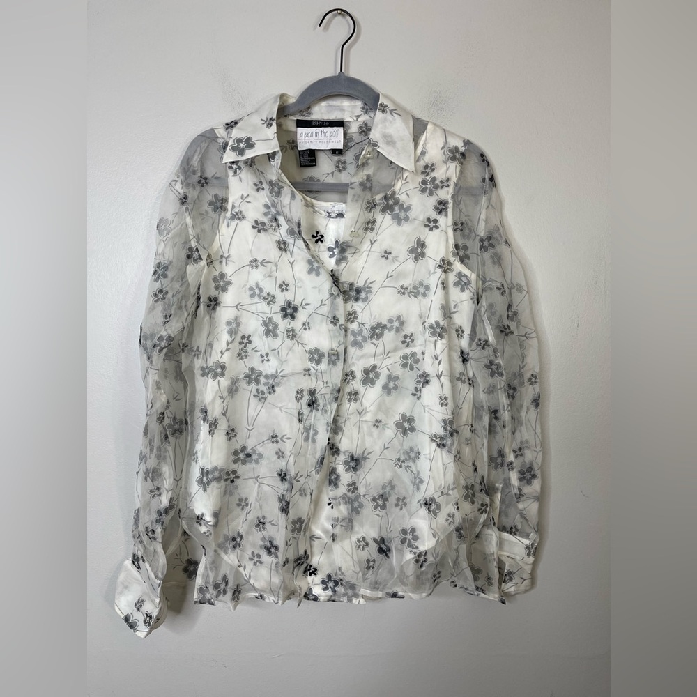 A pea in the pod VTG 100% Silk Sheer Floral Cami + Button Down Shirt Two Piece S